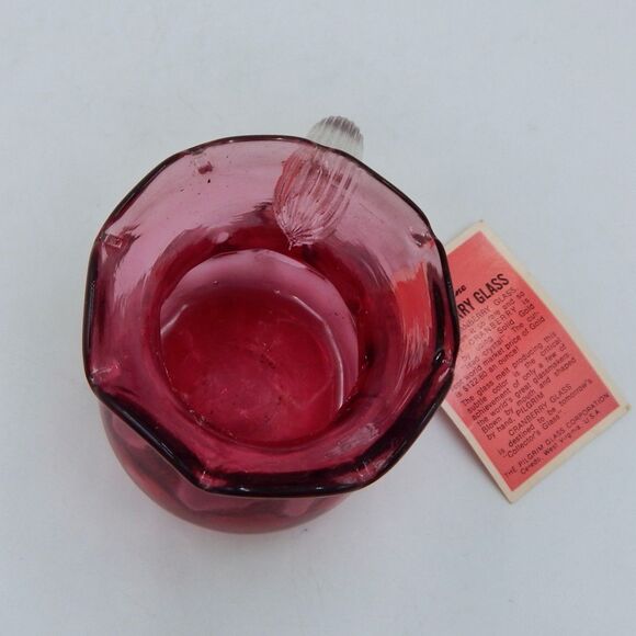 Pilgrim Glass Handblown Cranberry Vase Pitcher Applied Clear Handle 4 Inch Tags - Picture 10 of 13